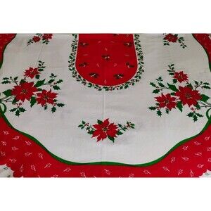 Vtg Christmas Fabric Tablecloth 60"x 80” Oval Poinsettia Ribbon Scalloped Hem